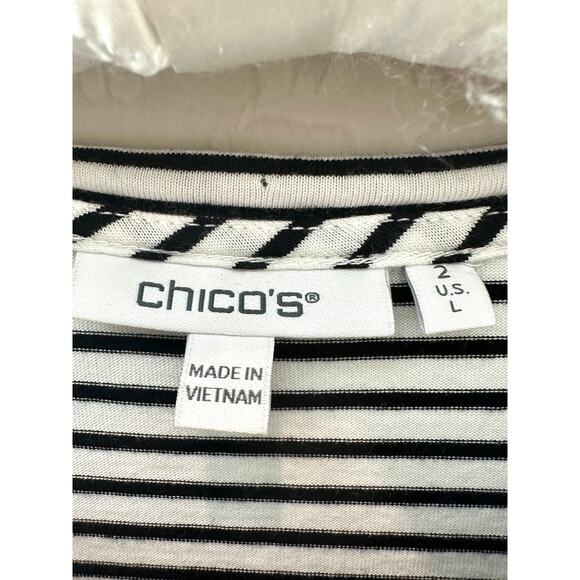 CHICO’S | Black & White Striped Floral Beaded 3/4 Sleeve Top | Size 2 Large - Picture 6 of 7